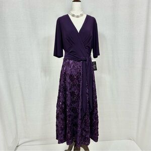 Alex Evenings Jersey and Rosette Sequins Lace Deep Purple Midi Dress Size 14